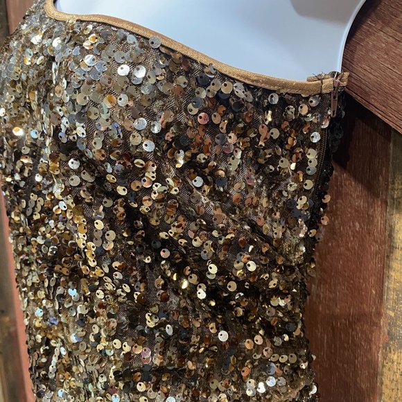Brown Sequined Mini Dress One Shoulder Size 7 Medium Stretch Short Sleeve - Picture 5 of 13